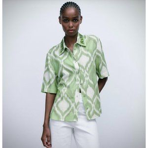 Zara Green Ikat Beaded Shirt XL Linen Blend Short Sleeve Button Front Applique